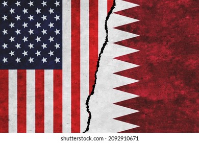 USA and Qatar painted flags on a wall with a crack. USA and Qatar conflict. Qatar and United States of America flags together. USA vs Qatar