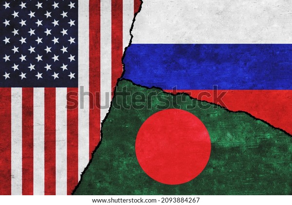 USA,\
Russia and Bangladesh painted flags on a wall with a crack. United\
States of America, Bangladesh and Russia\
relations