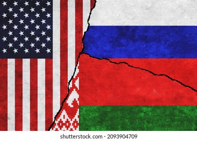 USA, Russia and Belarus painted flags on a wall with a crack. United States of America, Belarus and Russia relations