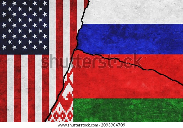 USA,\
Russia and Belarus painted flags on a wall with a crack. United\
States of America, Belarus and Russia\
relations