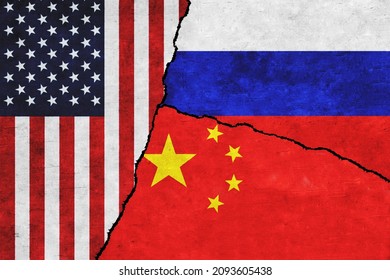 USA, Russia and China painted flags on a wall with a crack. United States of America, China and Russia relations. USA-China-Russia