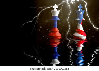 Usa And Russia Flags Paint Over On Chess King. 3D Illustration Usa Vs Russia Crisis Concept.