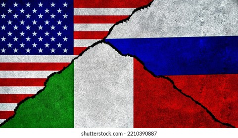 USA, Russia And Italy Flag Together On A Textured Wall. Relations Between Russia, Italy And United States Of America