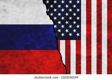 USA and Russia painted flags on a wall with a crack. Russia and United States of America relations. USA and Russia flags together
