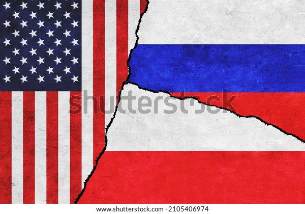 USA, Russia\
and Poland painted flags on a wall with a crack. United States of\
America, Poland and Russia\
conflict