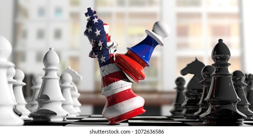 USA And Russia Relations. Russia Chess Pawn Hits US America Chess King On A Chessboard, Blur Background. 3d Illustration