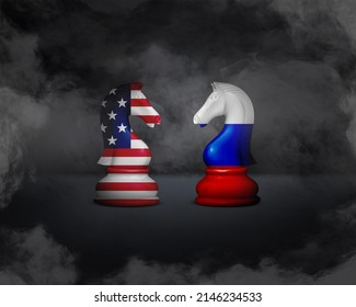 USA And Russia Relations, Cooperation Strategy. US America And Russia Flags On Chess Knight. 3d Illustration
