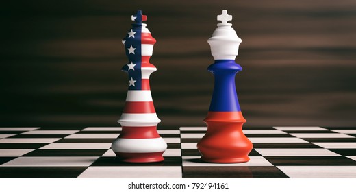 USA and Russia relations, cooperation strategy. US America and Russia flags on chess kings on a chess board, brown wooden background. 3d illustration