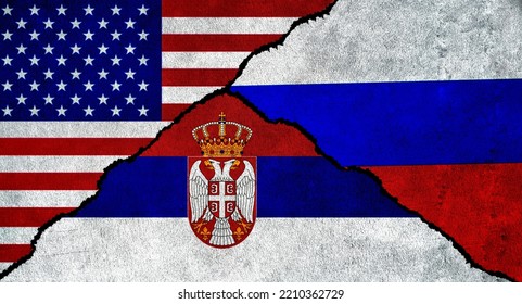 USA, Russia And Serbia Flag Together On A Textured Wall. Relations Between Russia, Serbia And United States Of America