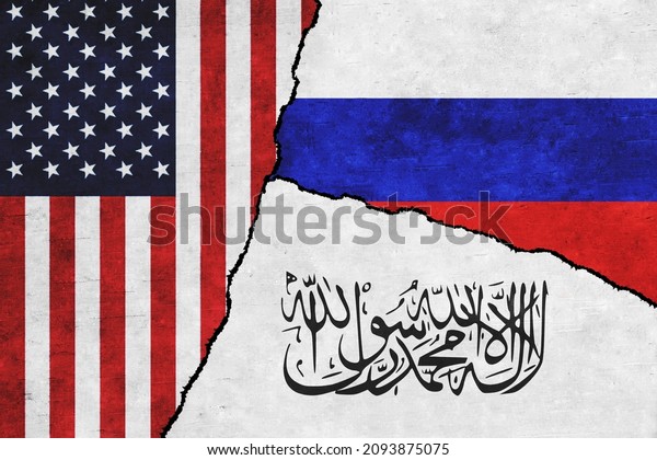 USA, Russia and Taliban\
painted flags on a wall with a crack. United States of America,\
Taliban and Russia relations. Afghanistan war. Islamic Emirates of\
Afghanistan