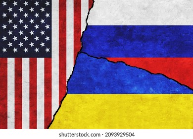 USA, Russia and Ukraine painted flags on a wall with a crack. United States of America, Ukraine and Russia relations
