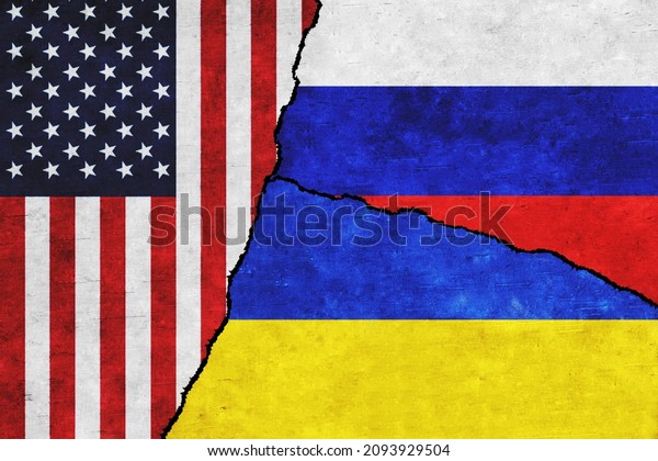 USA,\
Russia and Ukraine painted flags on a wall with a crack. United\
States of America, Ukraine and Russia\
relations