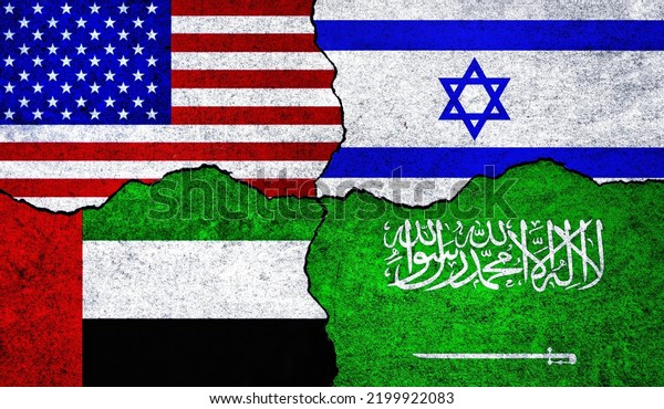 USA, Saudi Arabia,\
United Arab Emirates and Israel flags together. USA Israel Saudi\
Arabia UAE alliance