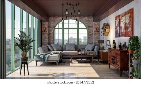 USA - September 2, 2021: Stylish Industrial Living Room, Photorealistic 3D Illustration Of The Interior, Suitable For Using In Video Conference And As A Zoom Background.