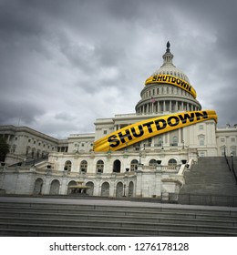 USA Shutdown And United States Government Closed And American Federal Shut Down Due To Spending Bill Disagreement Between The Left And The Right With Yellow Hazard Tape In A 3D Illustration Style.