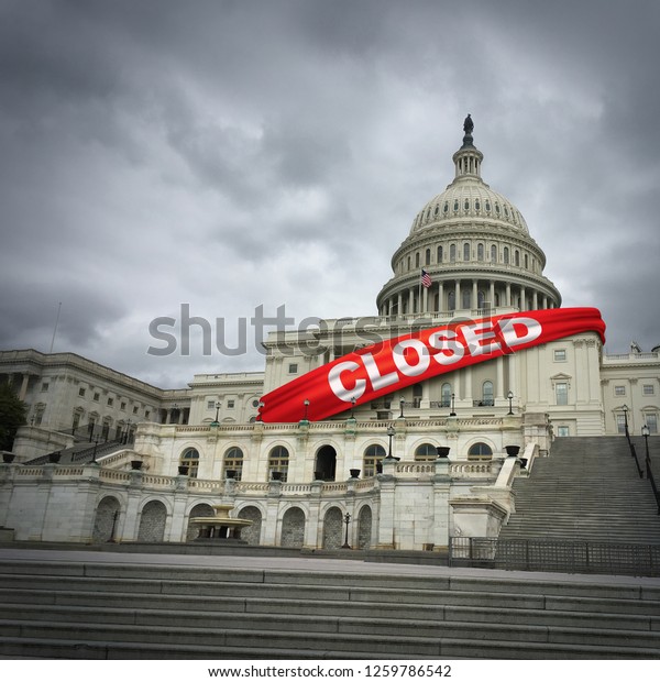 USA shutdown and
United States government closed and American federal shut down due
to spending bill disagreement between the left and the right in a
3D illustration
style.