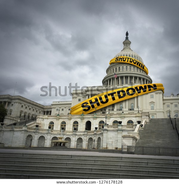 USA shutdown and United States government closed\
and american federal shut down due to spending bill disagreement\
between the left and the right with yellow hazard tape in a 3D\
illustration style.