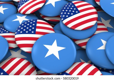 USA And Somalia Badges Background - Pile Of American And Somali Flag Buttons 3D Illustration