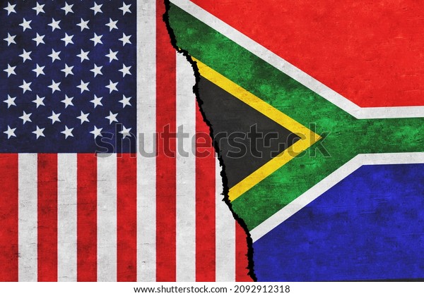 USA and South Africa\
painted flags on a wall with a crack. USA and South Africa\
conflict. South Africa and United States of America flags together.\
USA vs South Africa
