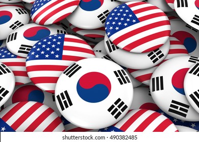 USA And South Korea Badges Background - Pile Of American And South Korean Flag Buttons 3D Illustration