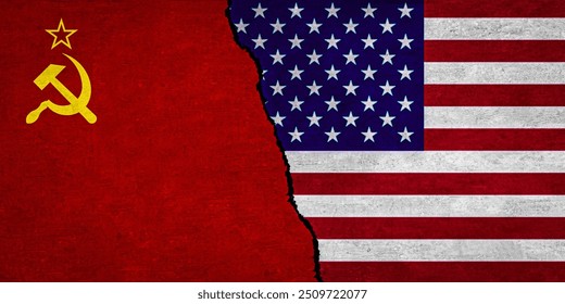 USA and Soviet Union flag together on textured wall. Relations between Soviet Union and United States of America