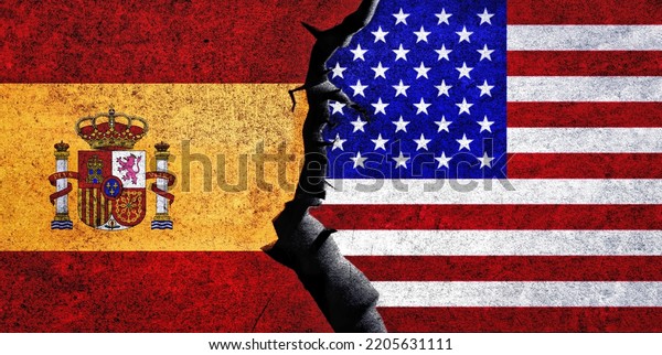 USA and Spain flags together. Spain and United\
States of America relation, conflict, economy, criss concept. USA\
vs Spain