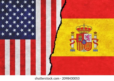 USA and Spain painted flags on a wall with a crack. USA and Spain relations. Spain and United States of America flags together. USA vs Spain