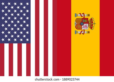 USA and Spain vertical national flags icon isolated together background, abstract creative political relationship partnership concept pattern