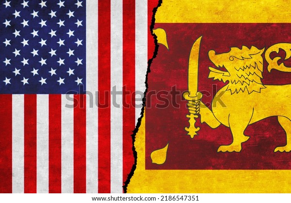 USA and Sri Lanka painted flags on a wall with a\
crack. United States of America and Sri Lanka relations. Sri Lanka\
and USA flags\
together