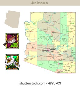 USA States Series: Arizona. Political Map With Counties, Roads, State's Contour, Bird And Flower