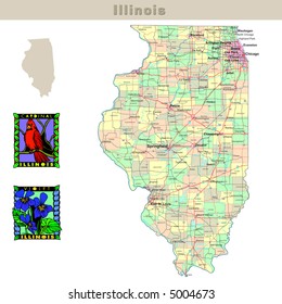 USA States Series: Illinois. Political Map With Counties, Roads, State's Contour, Bird And Flower