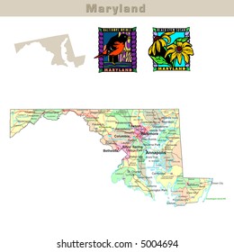 USA States Series: Maryland. Political Map With Counties, Roads, State's Contour, Bird And Flower