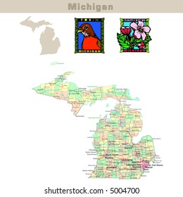 USA States Series: Michigan. Political Map With Counties, Roads, State's Contour, Bird And Flower