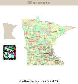 USA States Series: Minnesota. Political Map With Counties, Roads, State's Contour, Bird And Flower