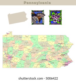 USA States Series: Pennsylvania. Political Map With Counties, Roads, State's Contour, Bird And Flower