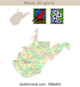 USA States Series: West Virginia. Political Map With Counties, Roads, State's Contour, Bird And Flower