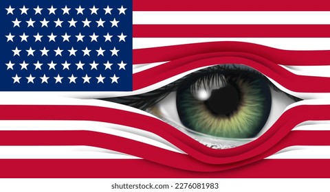 USA Surveillance and United States national security or US privacy invasion or American secret spying concept as a flag with a human eye in a 3D illustration style.