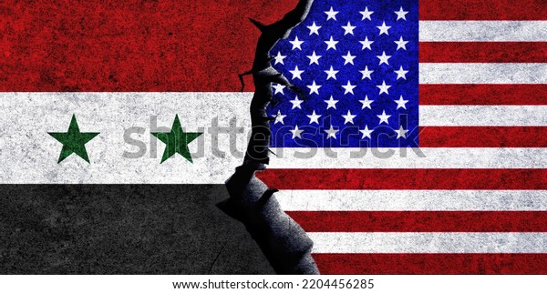 USA and Syria flags together. Syria and United\
States of America relation, conflict, war crisis, economy concept.\
USA vs Syria