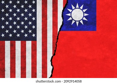 USA and Taiwan painted flags on a wall with a crack. USA and Taiwan relations. Taiwan and United States of America flags together. USA vs Taiwan