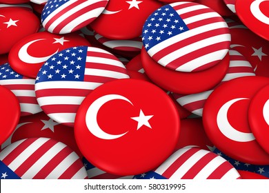 USA And Turkey Badges Background - Pile Of American And Turkish Flag Buttons 3D Illustration