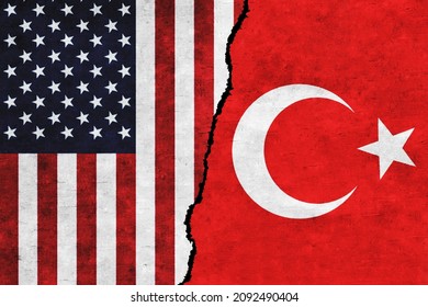 USA and Turkey painted flags on a wall with a crack. USA and Turkey relations. Turkey and United States of America flags together. USA vs Turkey