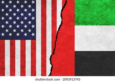 USA and UAE painted flags on a wall with a crack. USA and UAE relations. United Arab Emirates and United States of America flags together. USA vs UAE