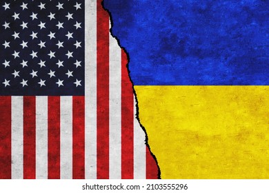 USA and Ukraine painted flags on a wall with a crack. Ukraine and United States of America relations. USA and Ukraine flags together