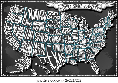 USA United States America Vintage Map On Old Vintage Blackboard. Retro Postcard  Illustration