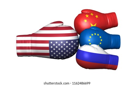 Usa Us China Russia Eu Trade War Tariffs Sanctions 3d Boxing Gloves Flags Fight Isolated On White Background