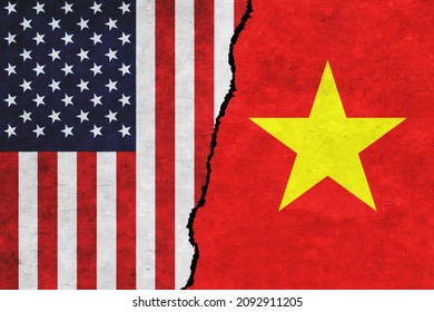 USA and Vietnam painted flags on a wall with a crack. USA and Vietnam conflict. Vietnam and United States of America flags together. USA vs Vietnam