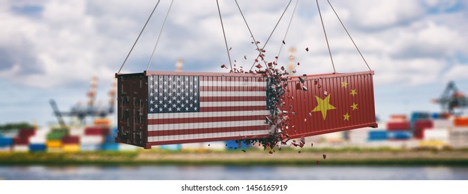 USA vs China trade war. US of America and Chinese flags on crushed containers, commercial harbor and cloudy sky background, banner. 3d illustration