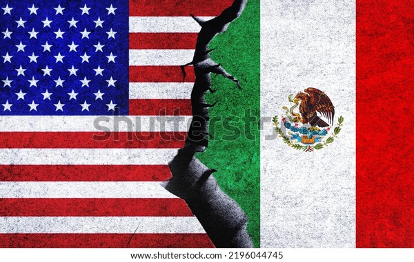 USA vs Mexico flags on a wall with a crack.
Mexico and United States of America political conflict, war crisis,
economy relationship, trade
concept