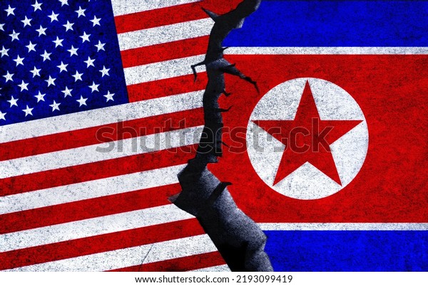USA vs North Korea concept\
flags on a wall with a crack. United States of America and North\
Korea political conflict, war crisis, economy relationship, trade\
concept