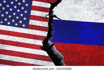 USA Vs Russia Concept Flags On A Wall With A Crack. United States Of America And Russia Cold War, Economy, Political Conflict, Relationship, Trade Concept